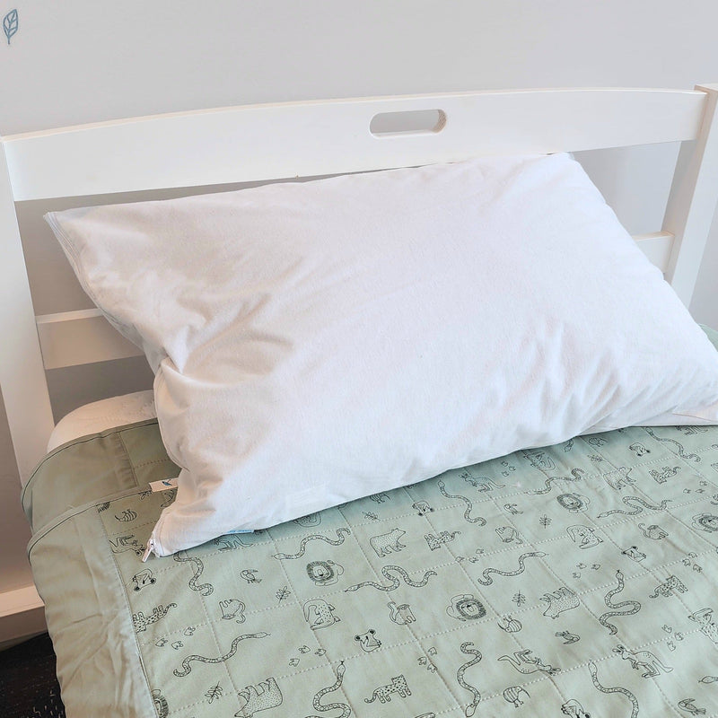 Pillow Protector Waterproof Towelling on single green animal print sheet