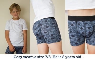 Cory 8 years old boy wearing night training pant stars pattern